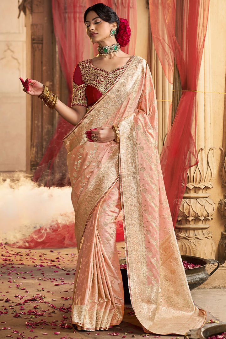 Light Peach Banarasi Satin Silk Saree with Embroidery Blouse