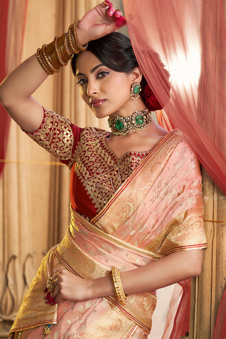 Light Peach Banarasi Satin Silk Saree with Embroidery Blouse