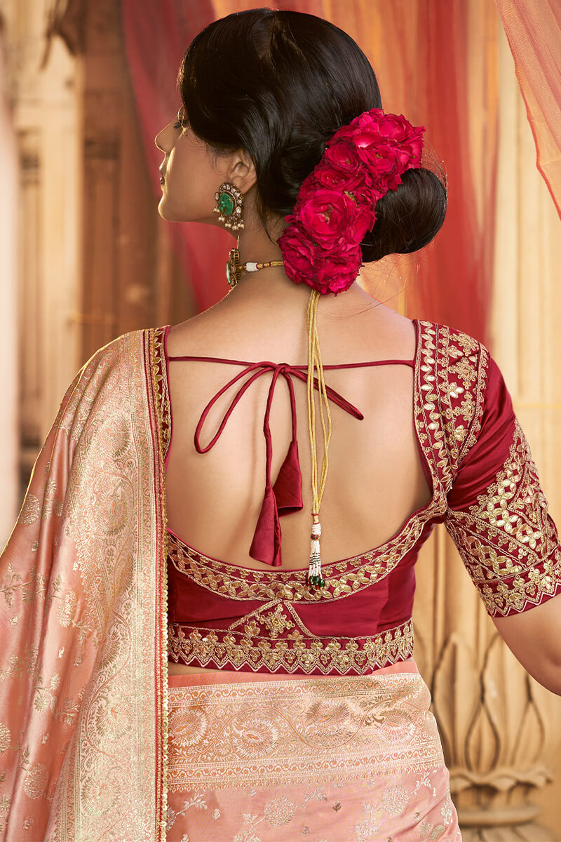 Light Peach Banarasi Satin Silk Saree with Embroidery Blouse