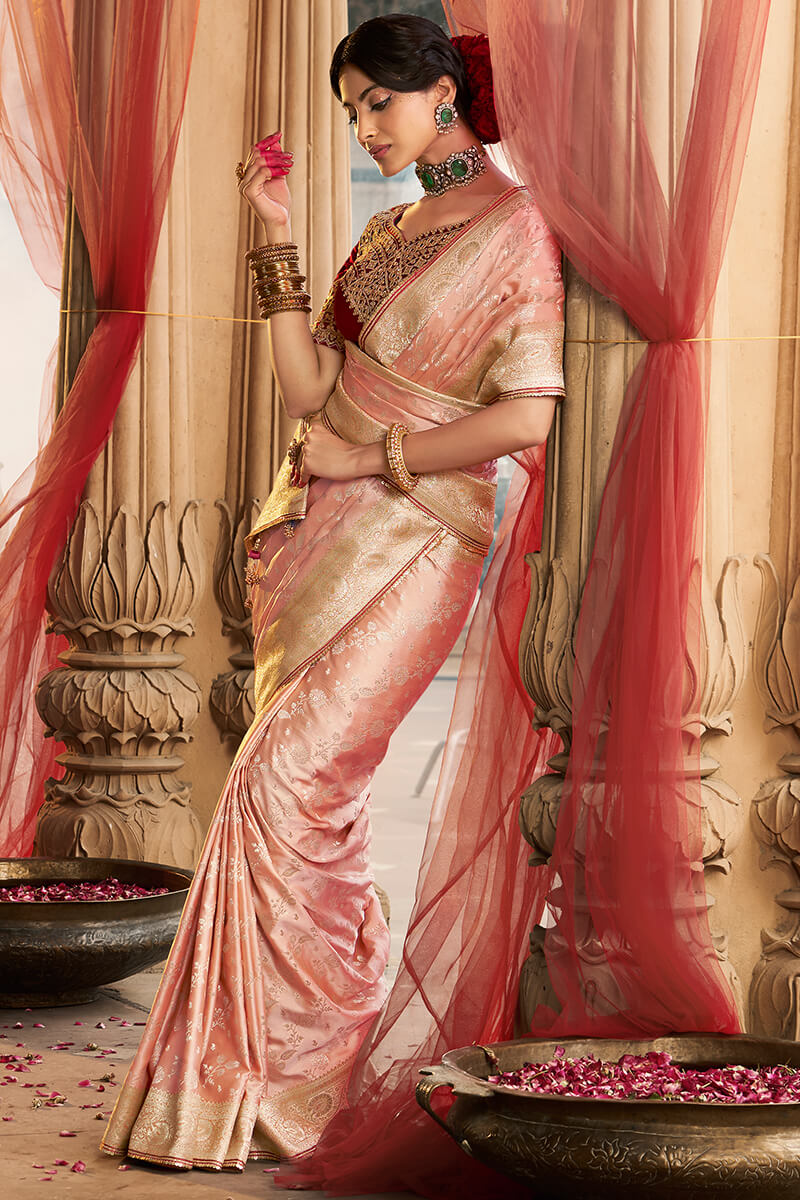 Light Peach Banarasi Satin Silk Saree with Embroidery Blouse