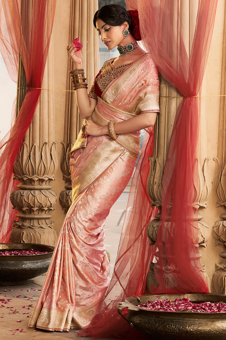 Light Peach Banarasi Satin Silk Saree with Embroidery Blouse