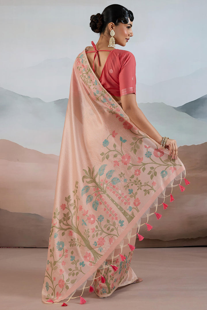 Light Peach Pure Tissue Silk Saree