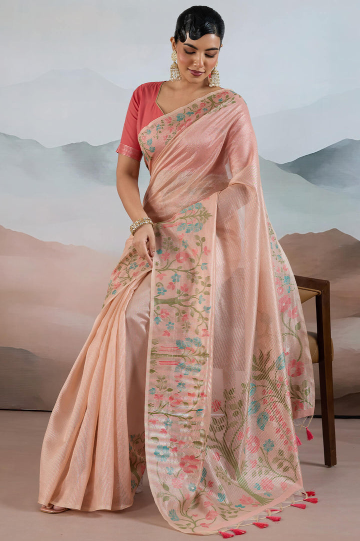 Light Peach Pure Tissue Silk Saree