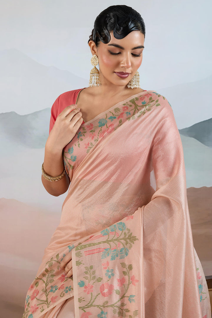 Light Peach Pure Tissue Silk Saree