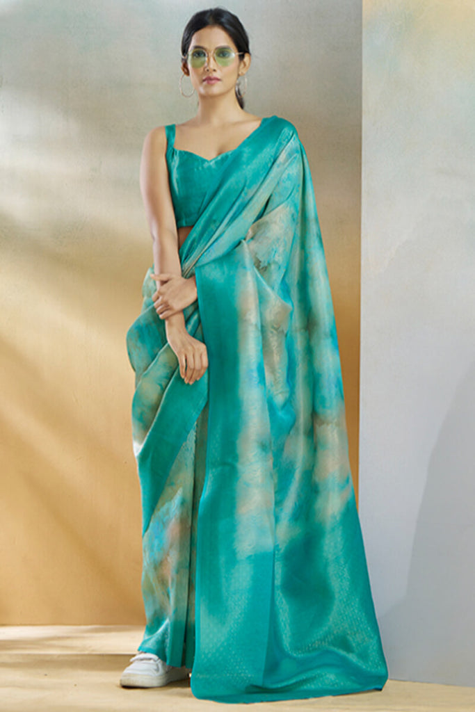 Light Sea Green Digital Printed Khadi Silk Saree