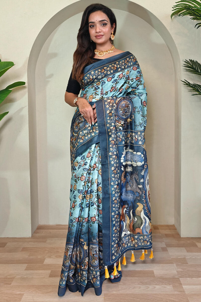 Light Sky Blue Kalamkari Printed Cotton Saree