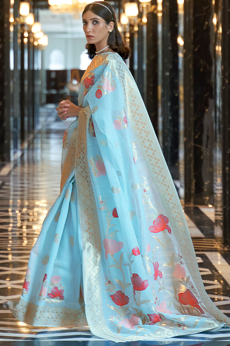 Light Sky Blue Zari Woven Linen Silk Saree