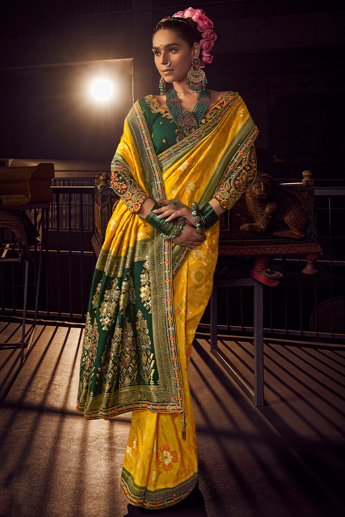 Lightning Yellow Pure Viscose Dola Silk Saree With Embroidery Blouse