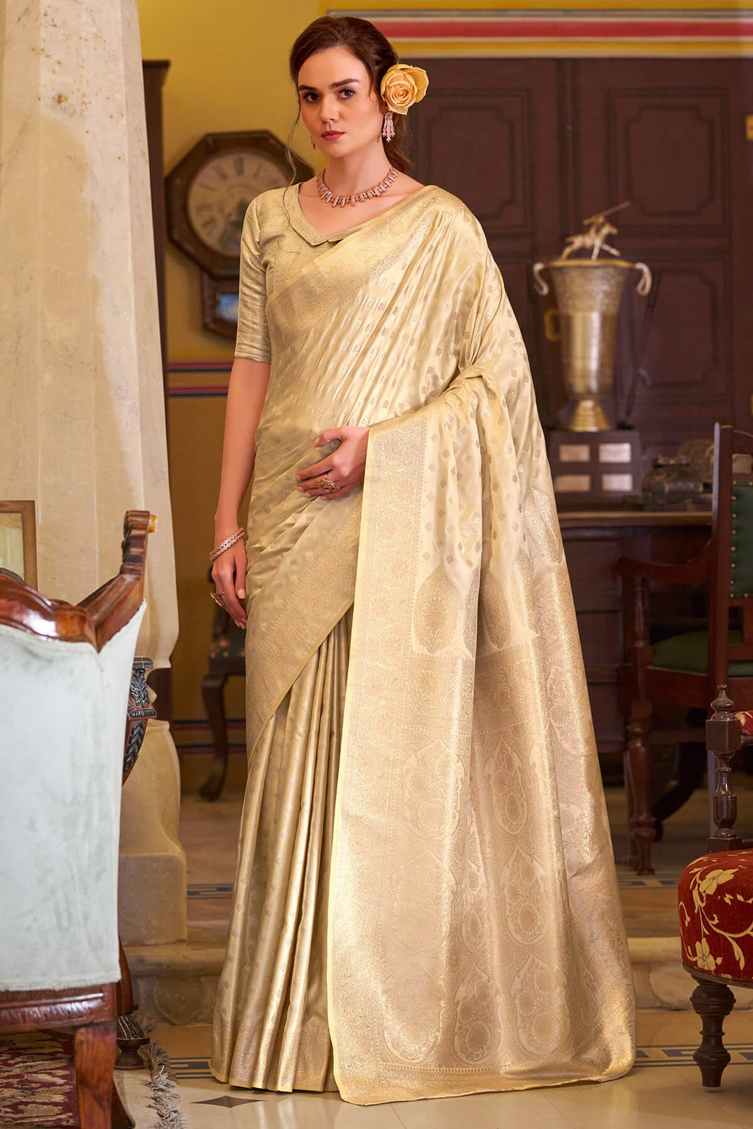 Maize Beige Banarasi Satin Silk Saree