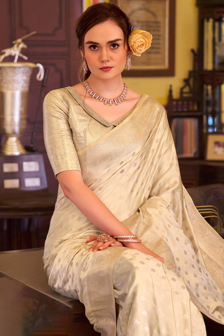Maize Beige Banarasi Satin Silk Saree