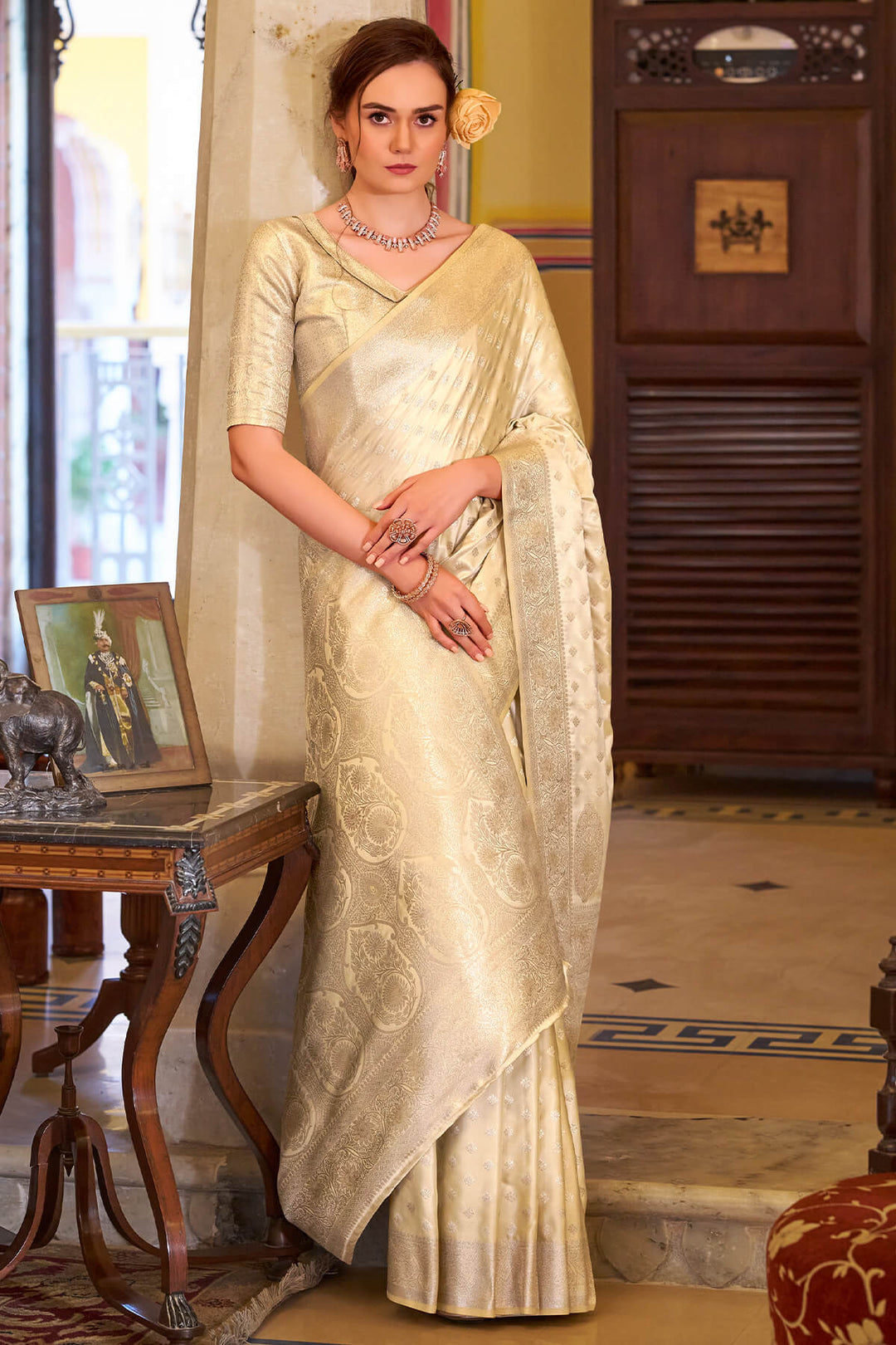 Maize Beige Banarasi Satin Silk Saree