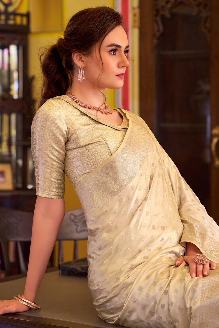 Maize Beige Banarasi Satin Silk Saree
