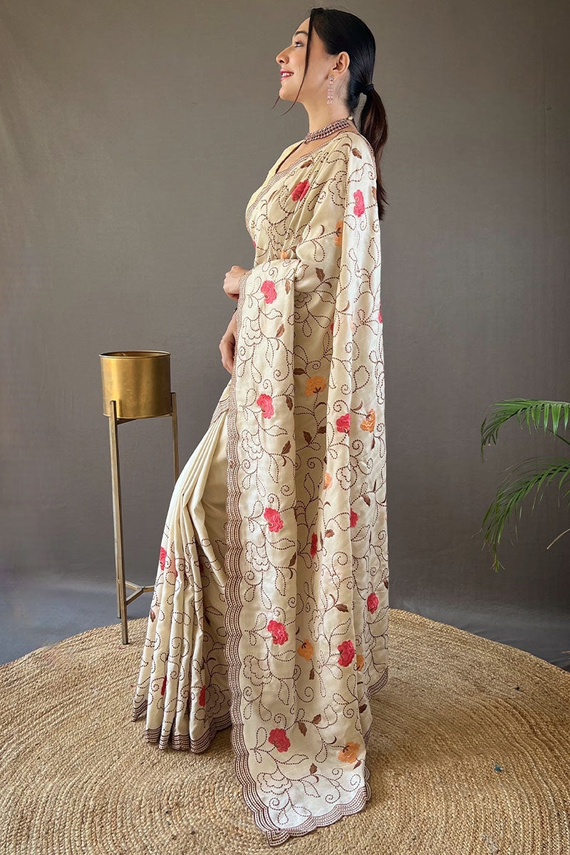 Maize Beige Embroidered Work Tussar Silk Saree