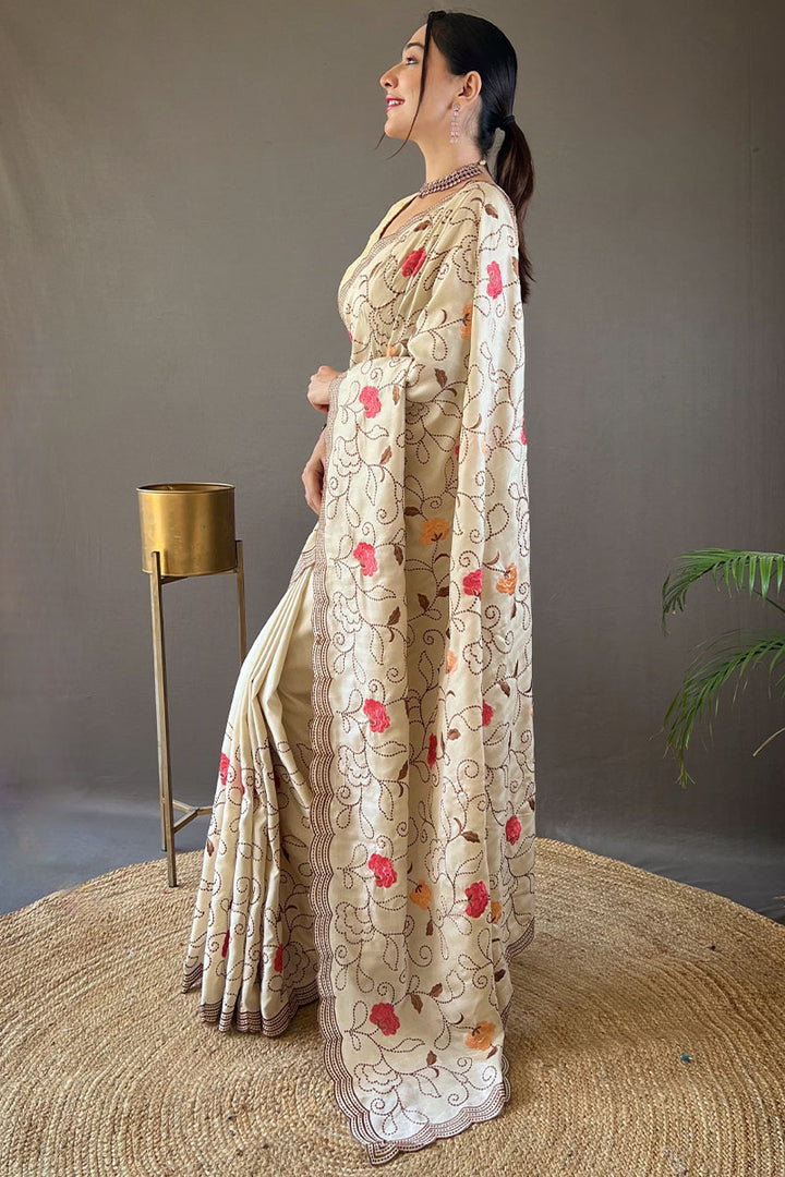 Maize Beige Embroidered Work Tussar Silk Saree