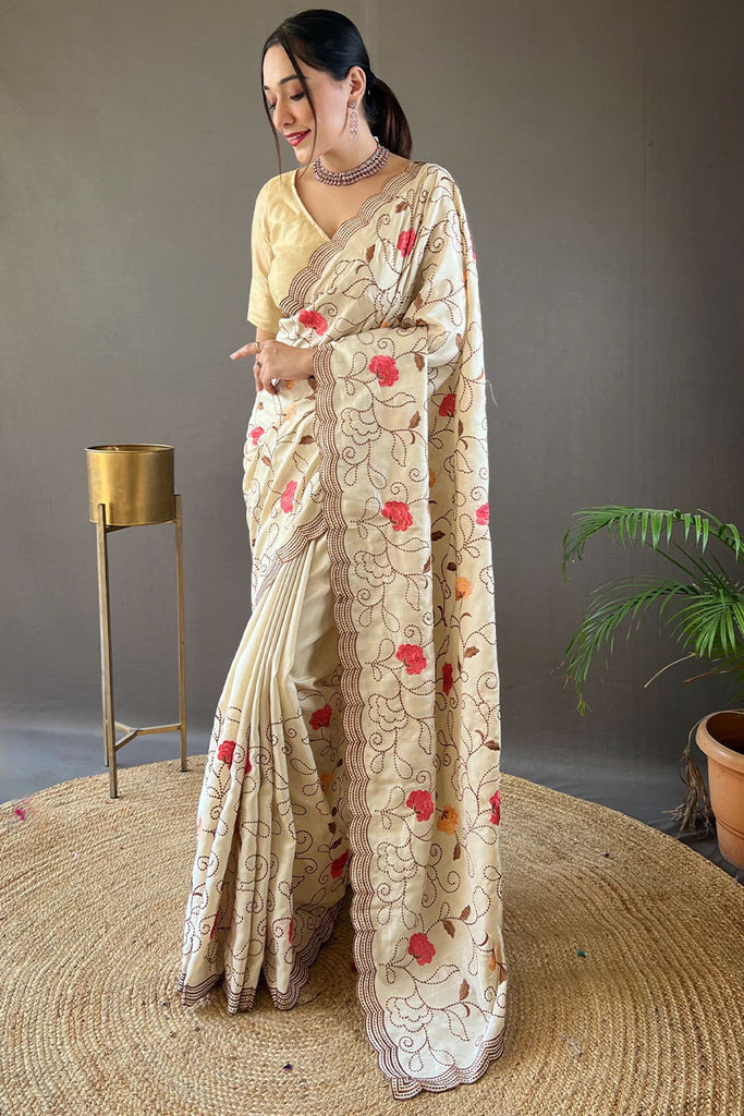 Maize Beige Embroidered Work Tussar Silk Saree