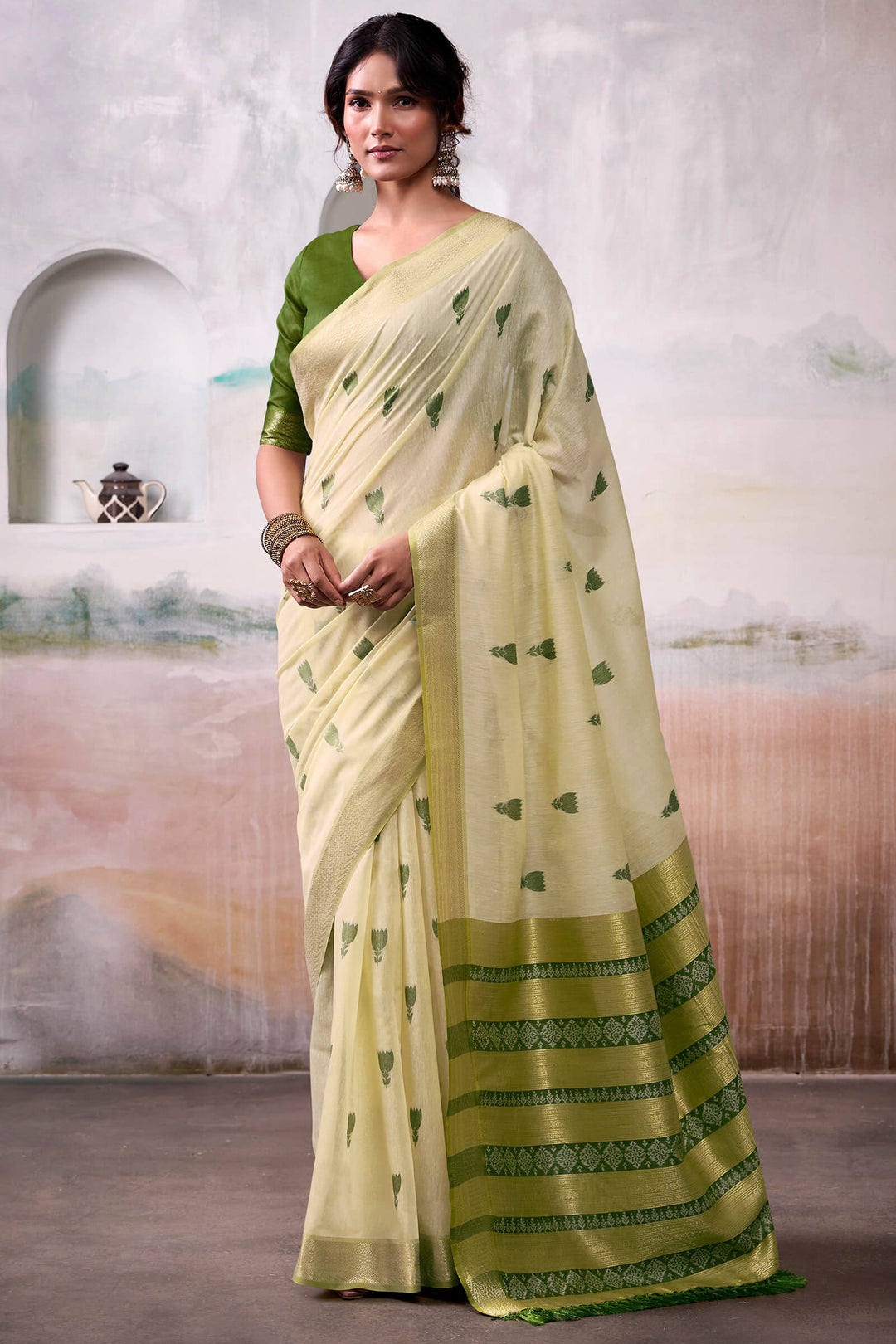 Maize Beige Zari Woven Cotton Silk Saree