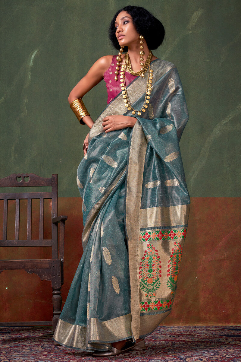 Marble Blue Paithani Tissue Silk Saree
