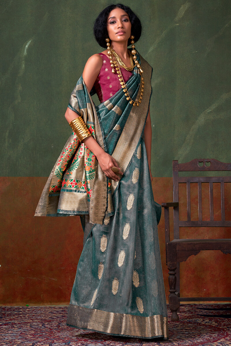Marble Blue Paithani Tissue Silk Saree