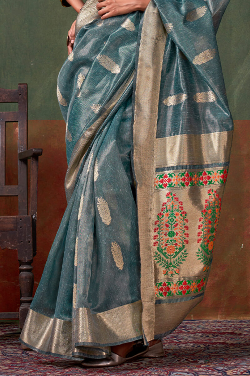Marble Blue Paithani Tissue Silk Saree