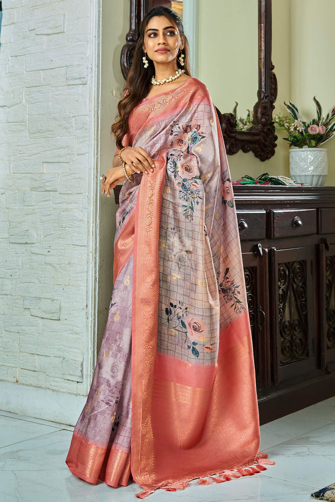 Martini Grey Handloom Woven Digital Printed Soft Silk Saree