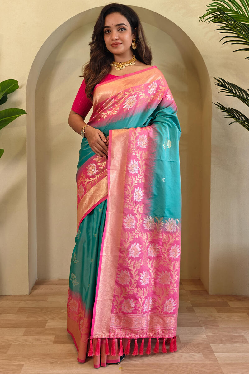 Medium Turquoise Banarasi Silk Saree with Designer Chaap Border