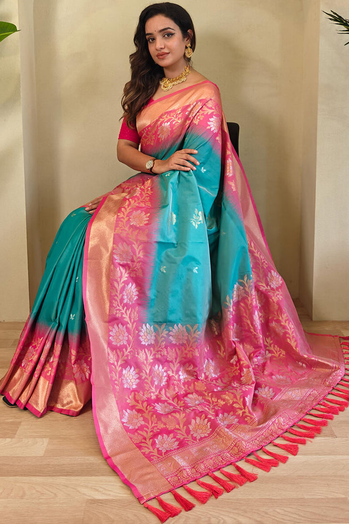 Medium Turquoise Banarasi Silk Saree with Designer Chaap Border