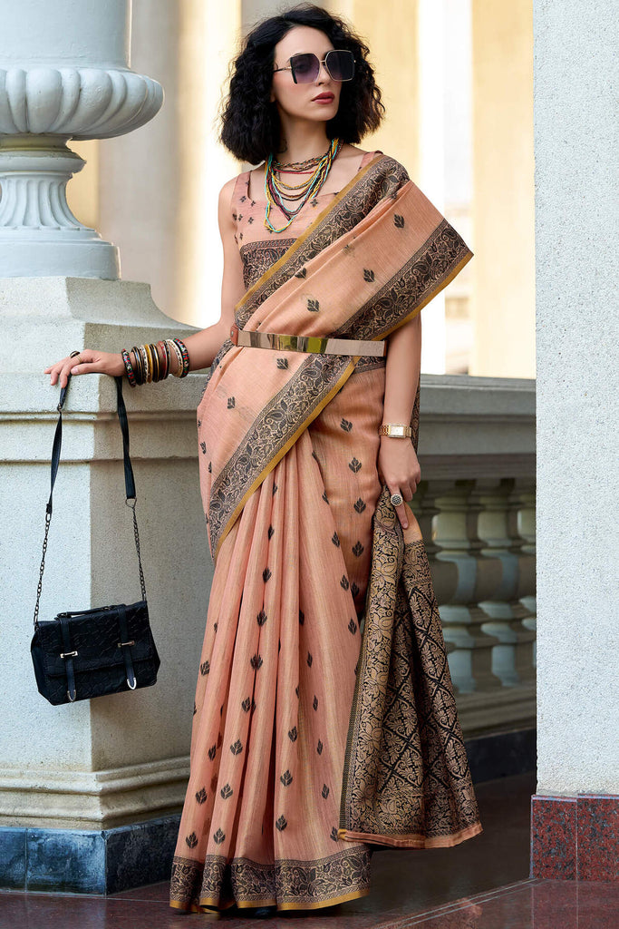 Melon Peach Linen Tissue Silk Saree