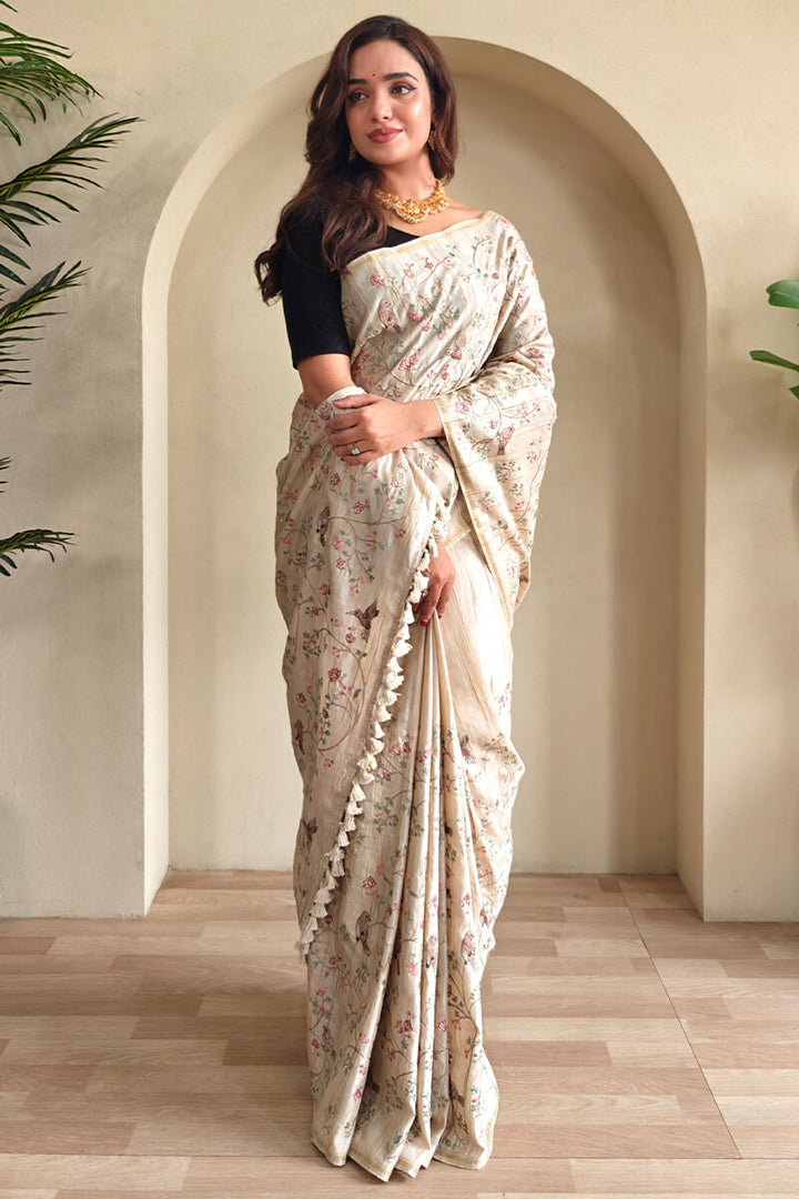 Mercury Beige Heavy Embroidery Work Pure Tussar Silk Saree