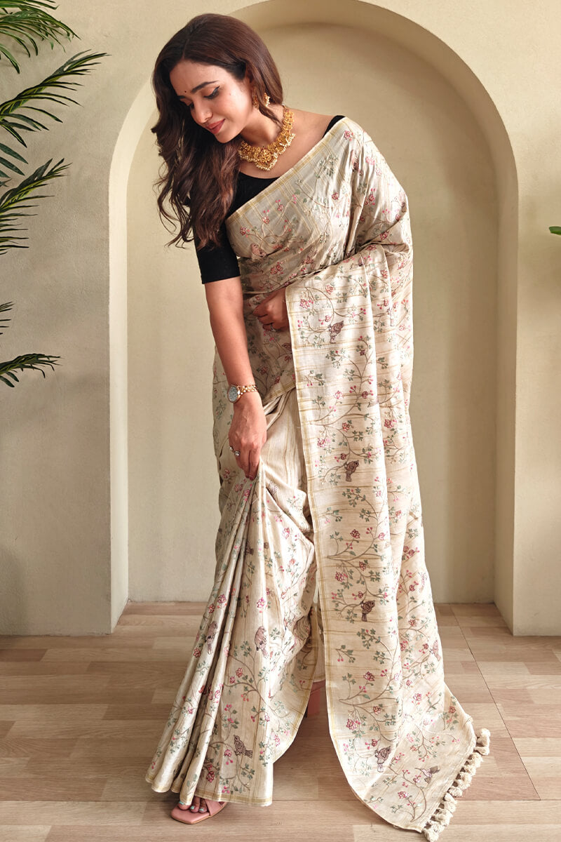 Mercury Beige Heavy Embroidery Work Pure Tussar Silk Saree