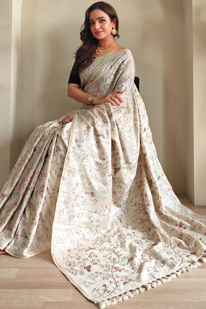 Mercury Beige Heavy Embroidery Work Pure Tussar Silk Saree