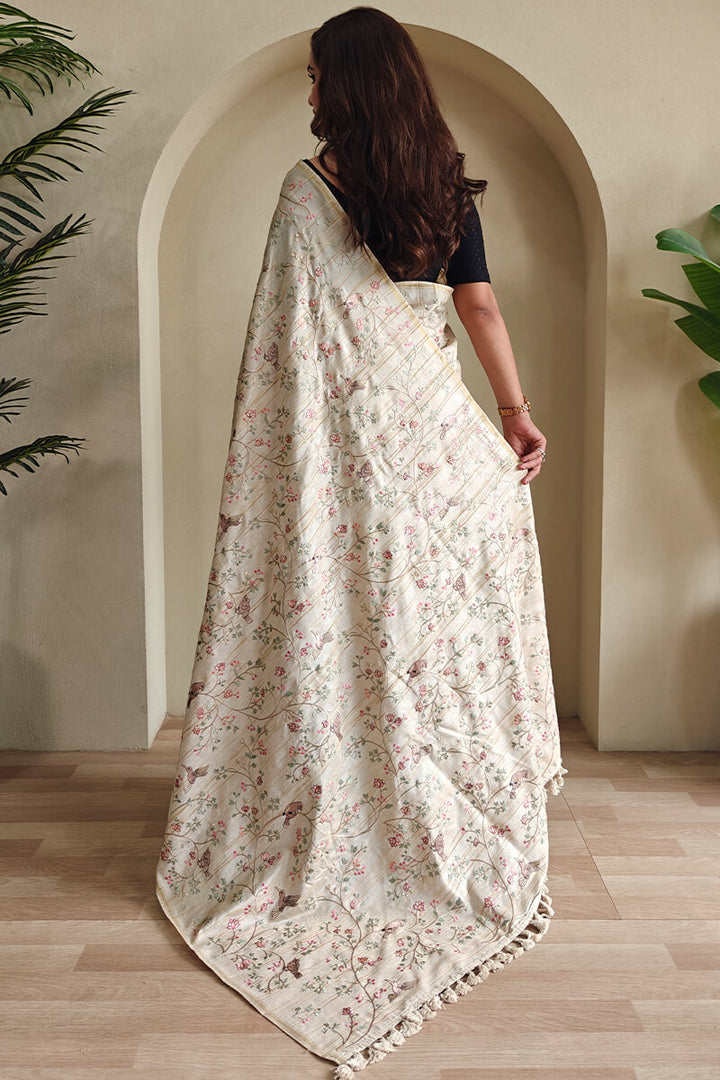 Mercury Beige Heavy Embroidery Work Pure Tussar Silk Saree