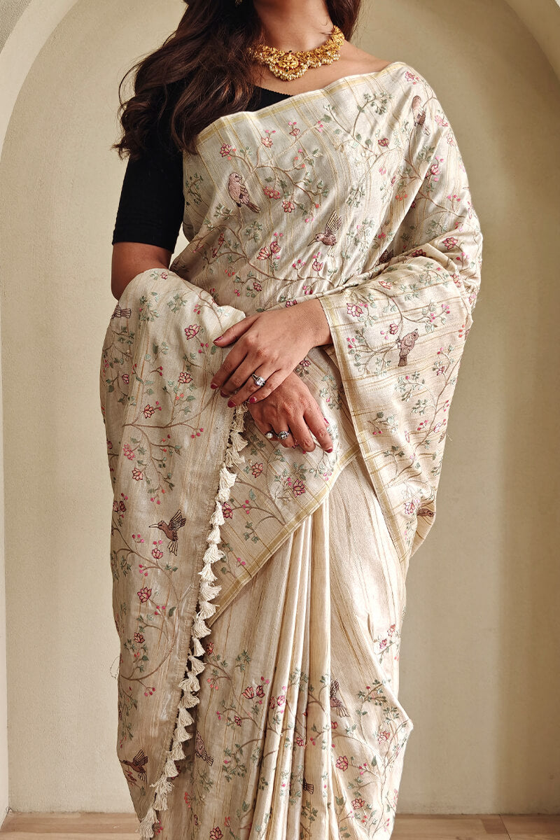 Mercury Beige Heavy Embroidery Work Pure Tussar Silk Saree