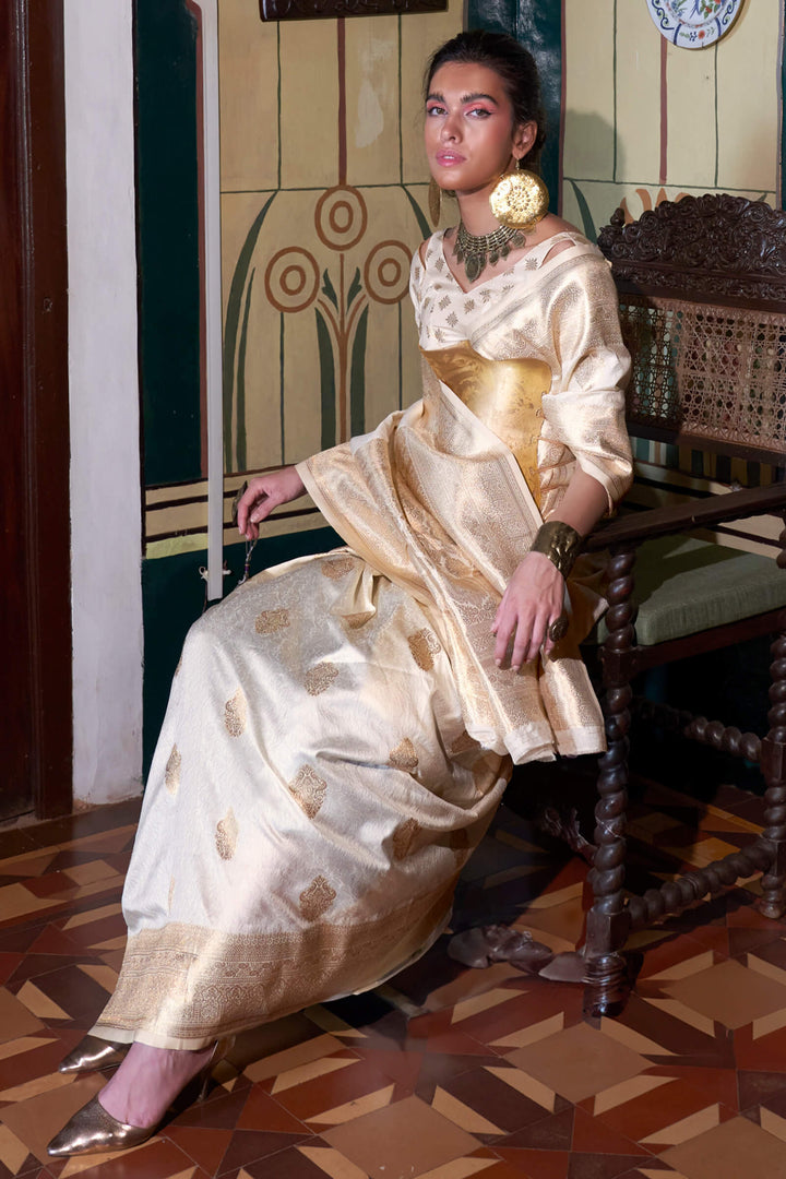 Mercury Beige Two tone Banarasi Silk Saree