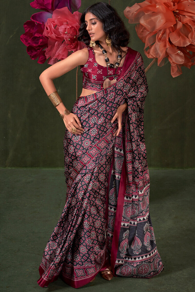 Merlot Wine Ajrakh Printed Satin Silk Saree