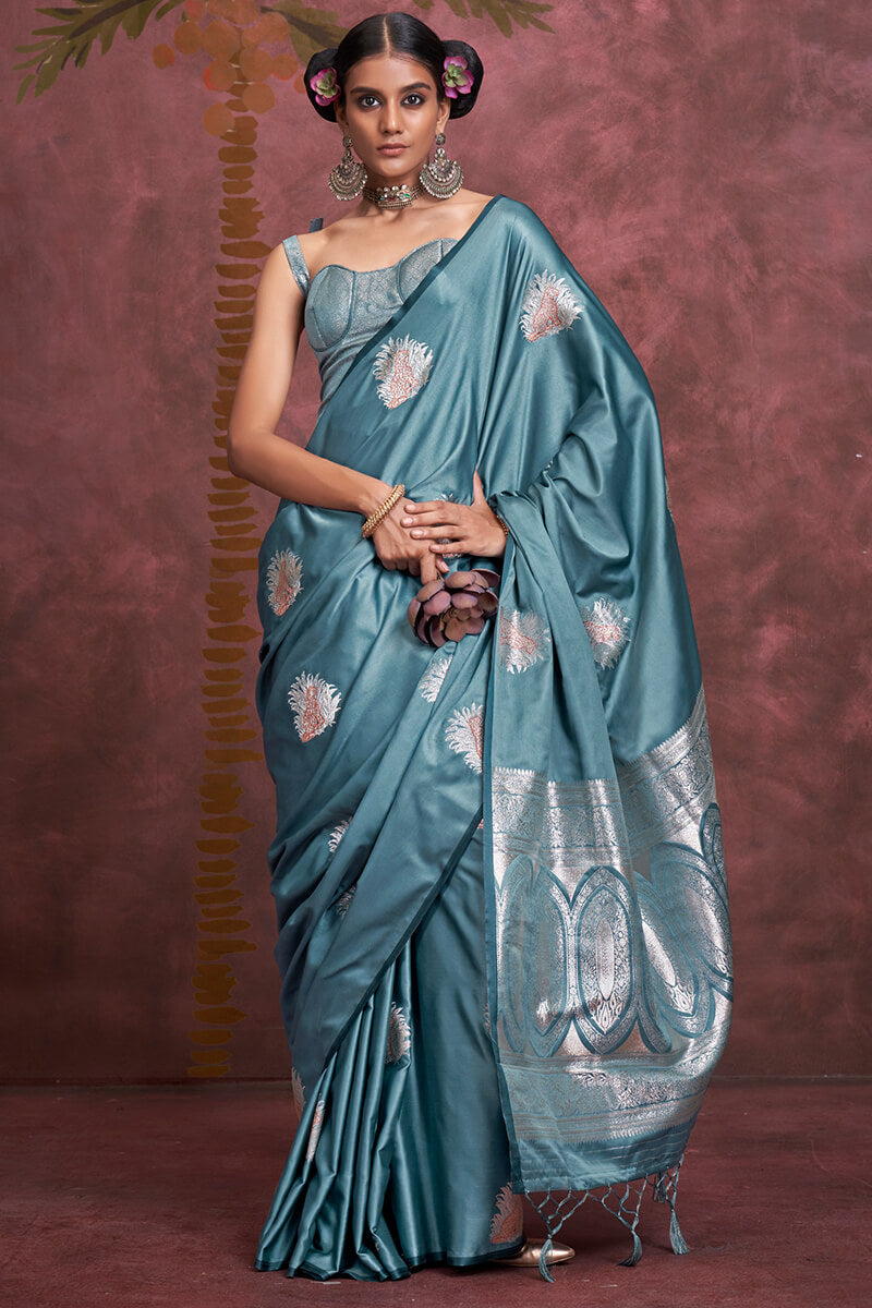 Metallic Blue Banarasi Satin Silk Saree