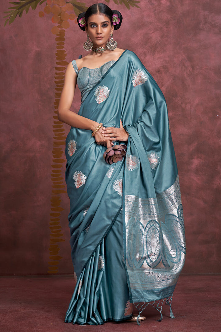 Metallic Blue Banarasi Satin Silk Saree