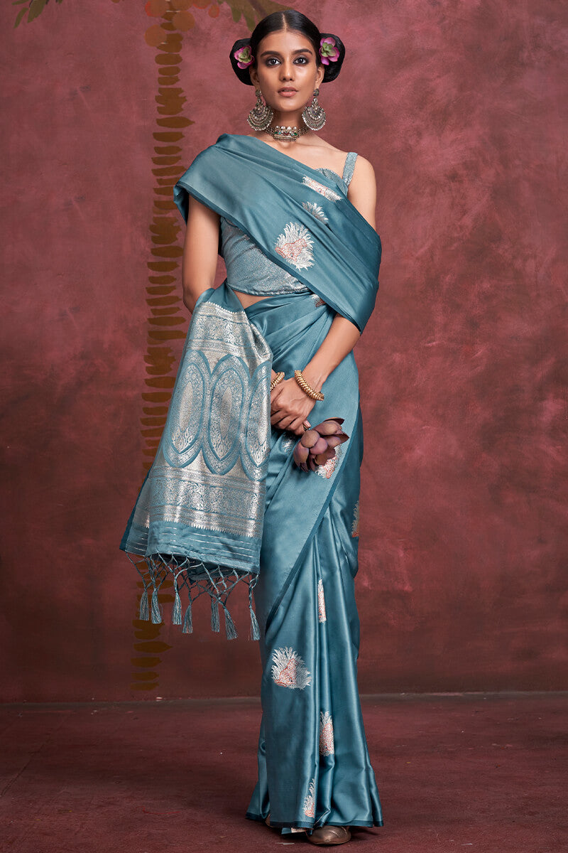 Metallic Blue Banarasi Satin Silk Saree