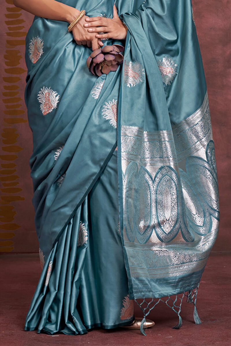 Metallic Blue Banarasi Satin Silk Saree