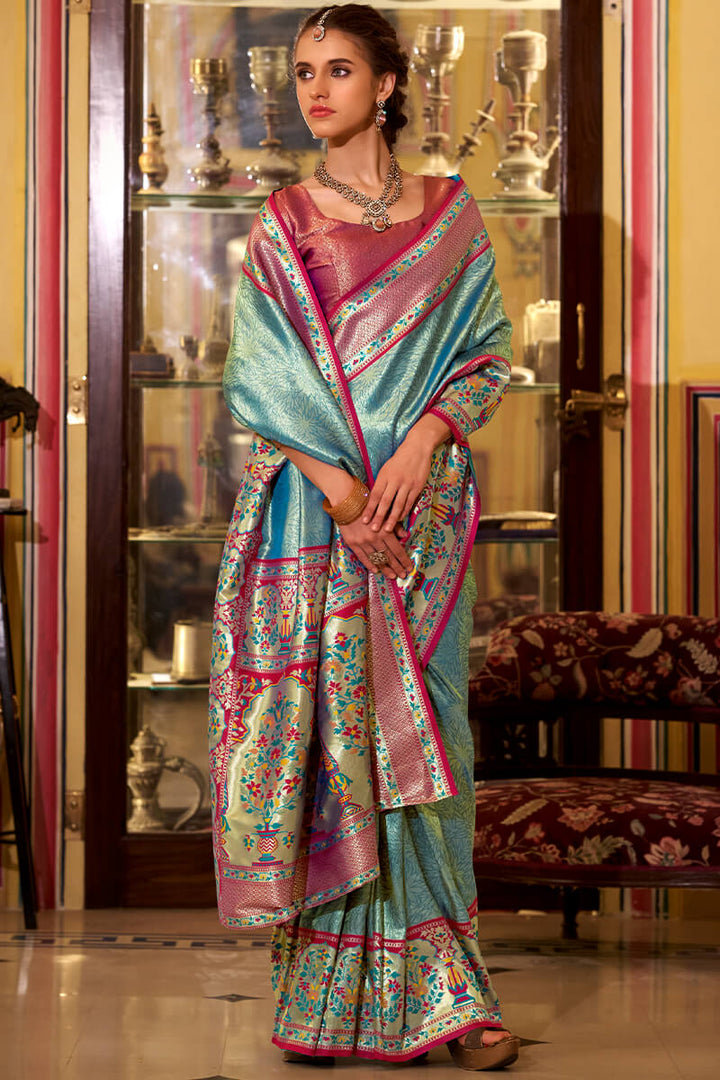 Metallic Blue Paithani Tissue Silk Saree