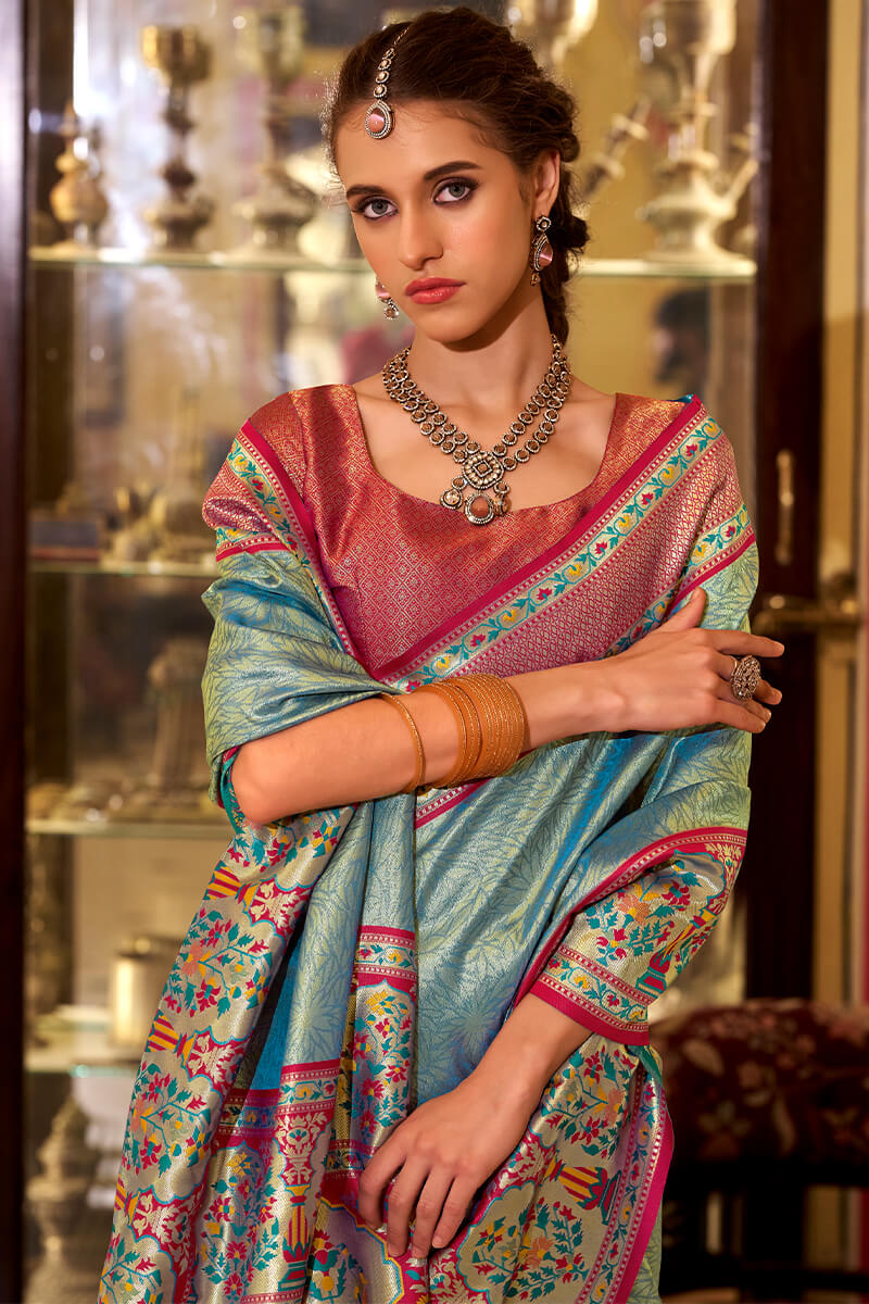 Metallic Blue Paithani Tissue Silk Saree