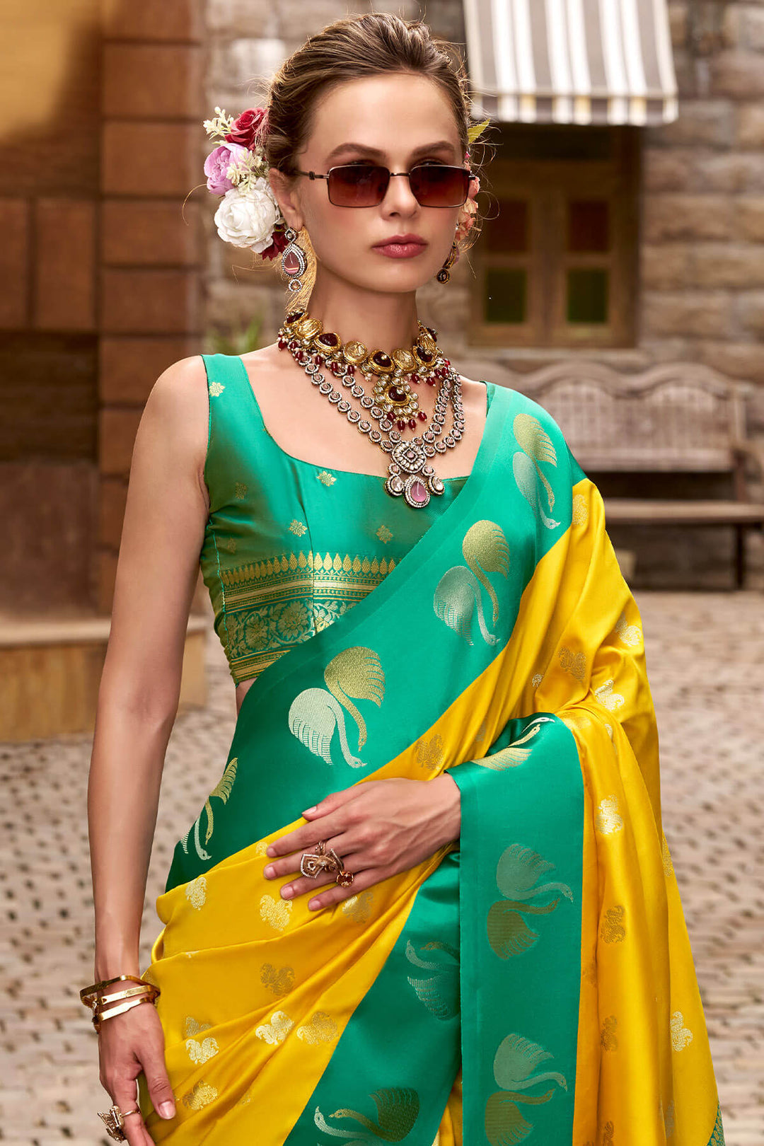Mikado Yellow Satin Silk Saree