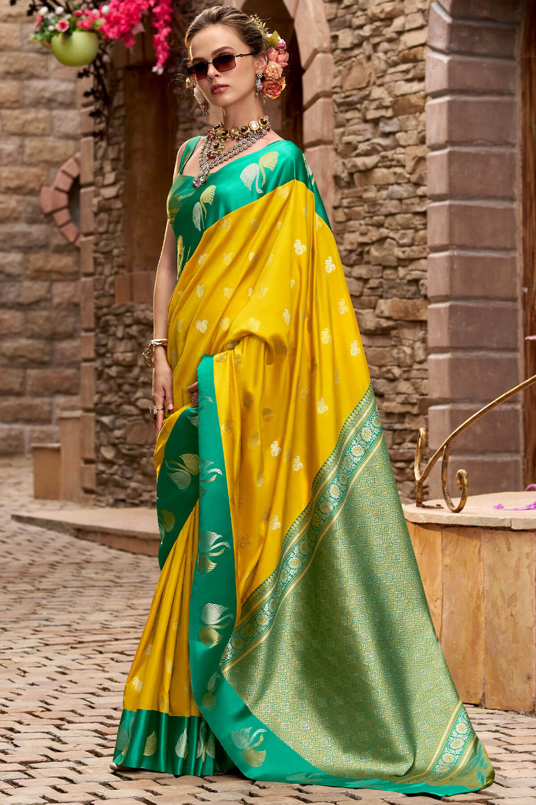 Mikado Yellow Satin Silk Saree