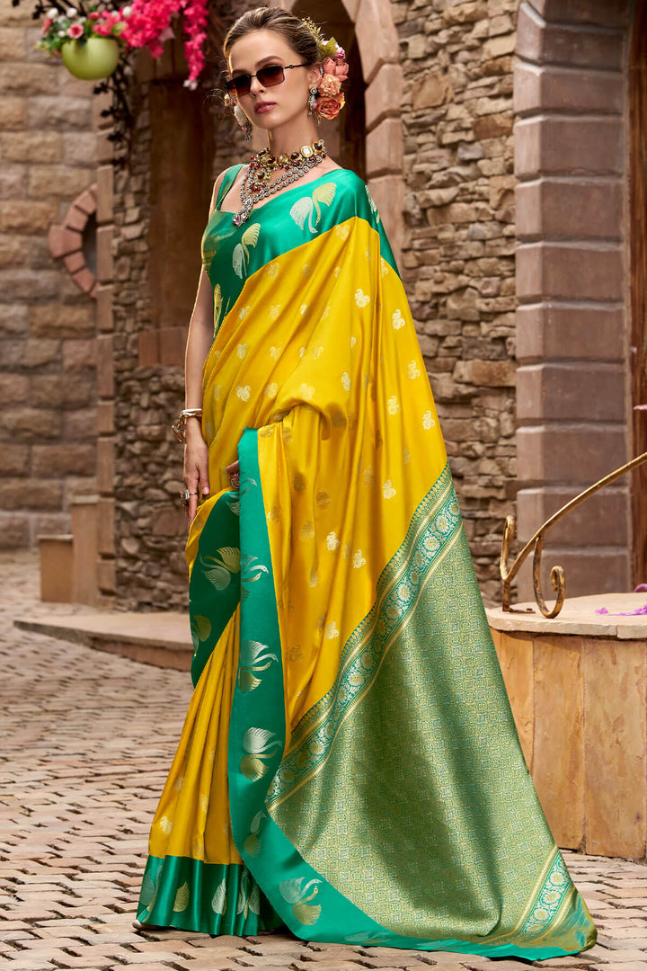 Mikado Yellow Satin Silk Saree