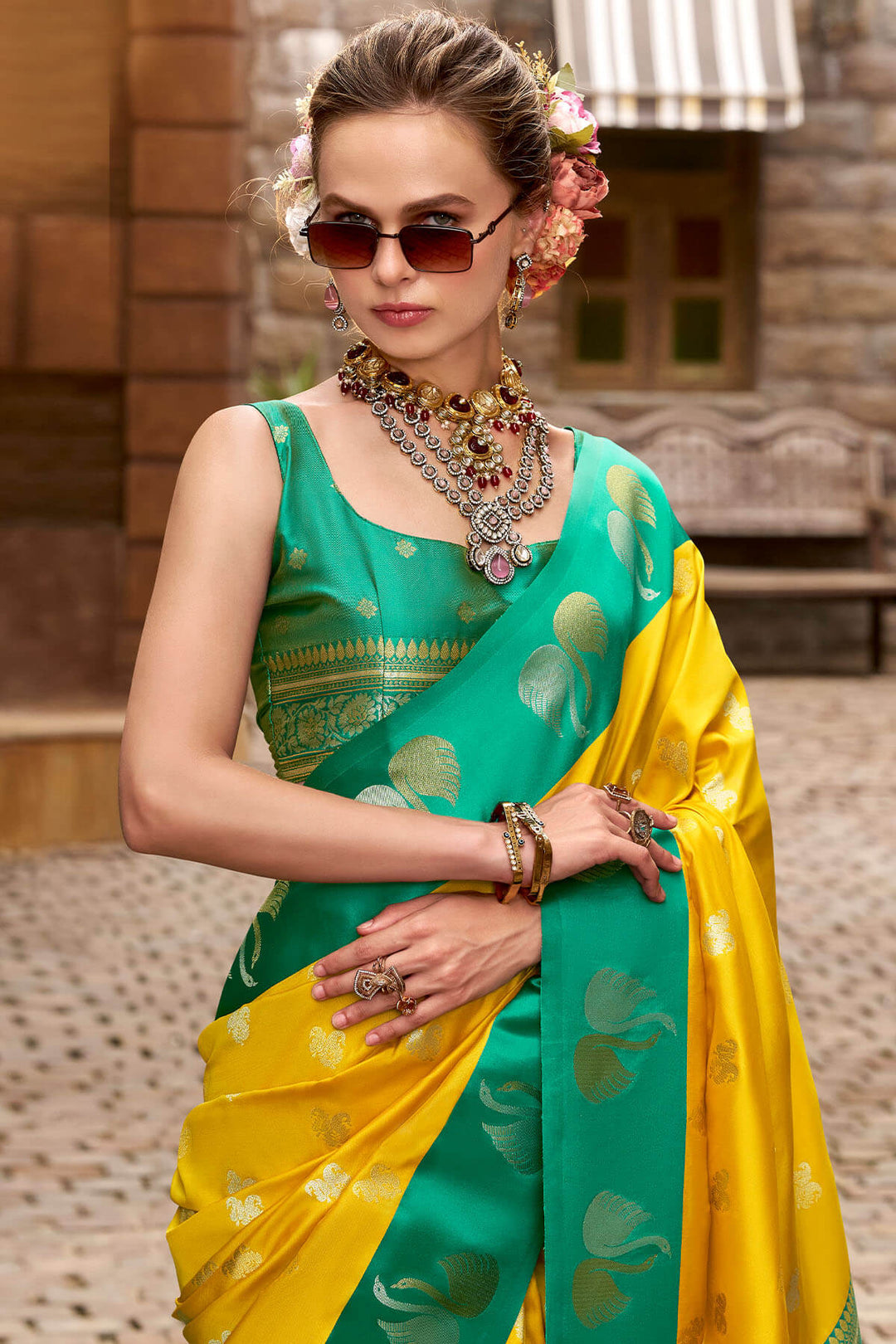 Mikado Yellow Satin Silk Saree