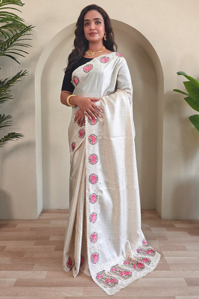 Milk White Cutwork Embroidered Tussar Silk Saree