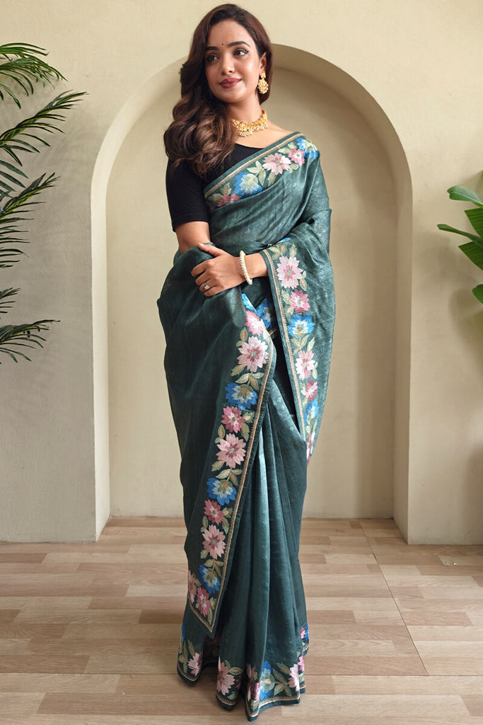 Mineral Green Contrast Color Embroidered Tussar Silk Saree