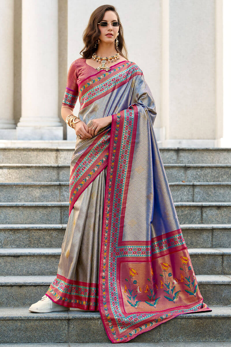 Mist Blue Paithani Tissue Silk Saree