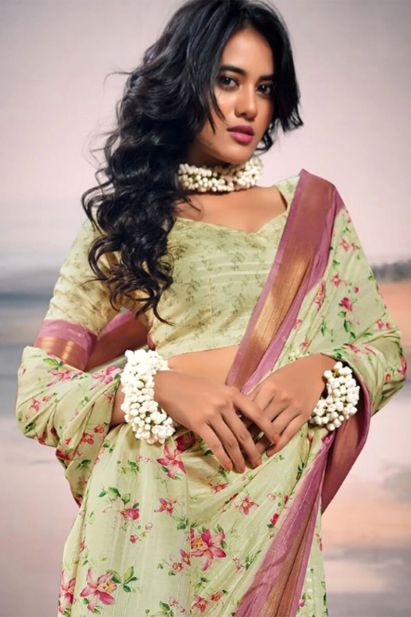 Mist Green Digital Printed Cotton Saree