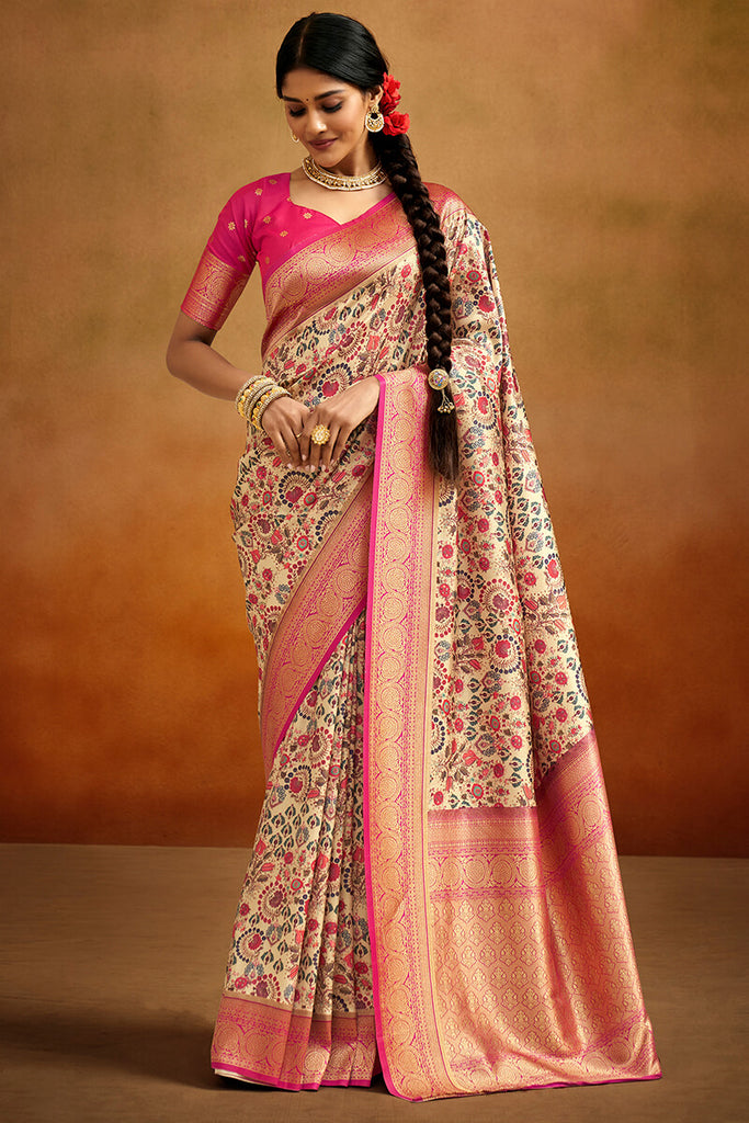 Mojo Beige Kalamkari Printed Tussar Silk Saree