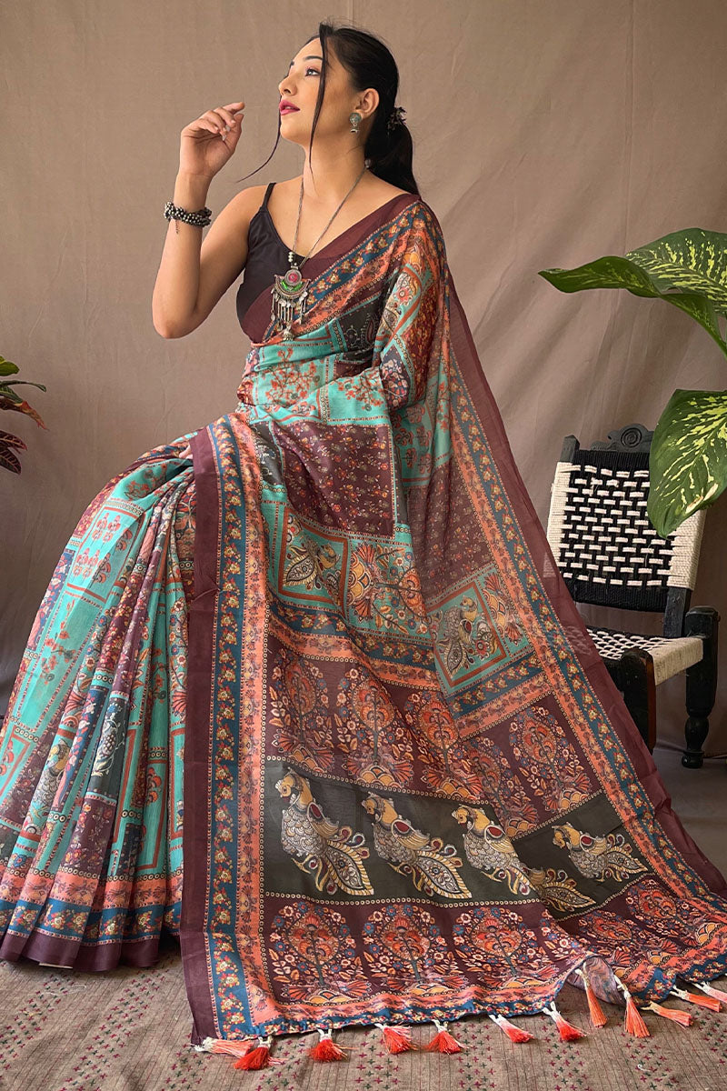 Moonstone Blue Kalamkari Printed Cotton Saree